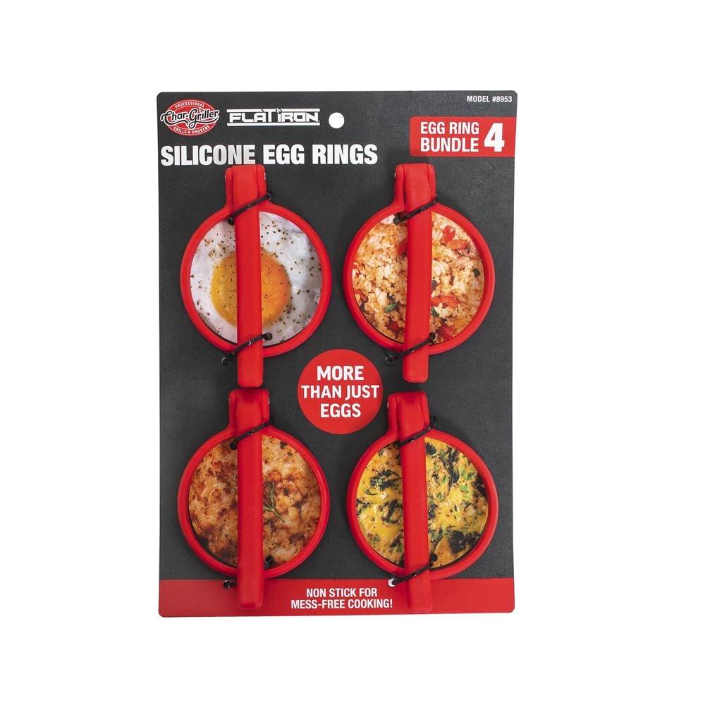 4 Pack Char-Griller Silicone Griddle Egg Ring with Foldable Handle