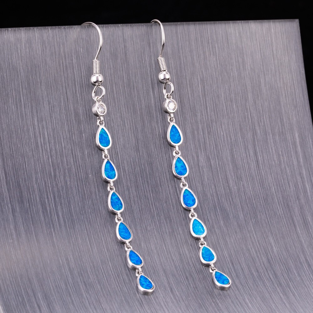 Multi Pear Shape Ocean Blue Fire Opal CZ Silver Jewelry Dangle Drop Earrings