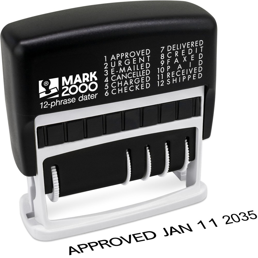 12-Phrase Dater - Date & Phrase Self-Inking Stamp - Black Ink