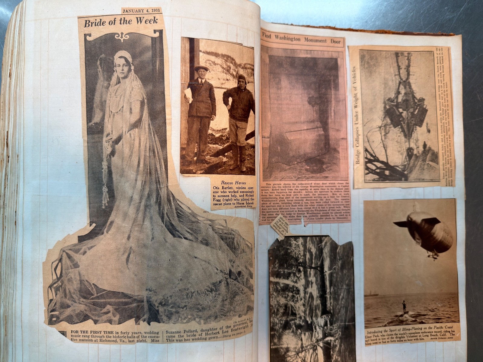 Large Newspaper Clipping Scrapbook NY/NJ 1920s-30s on 1840s Leatherbound Ledger