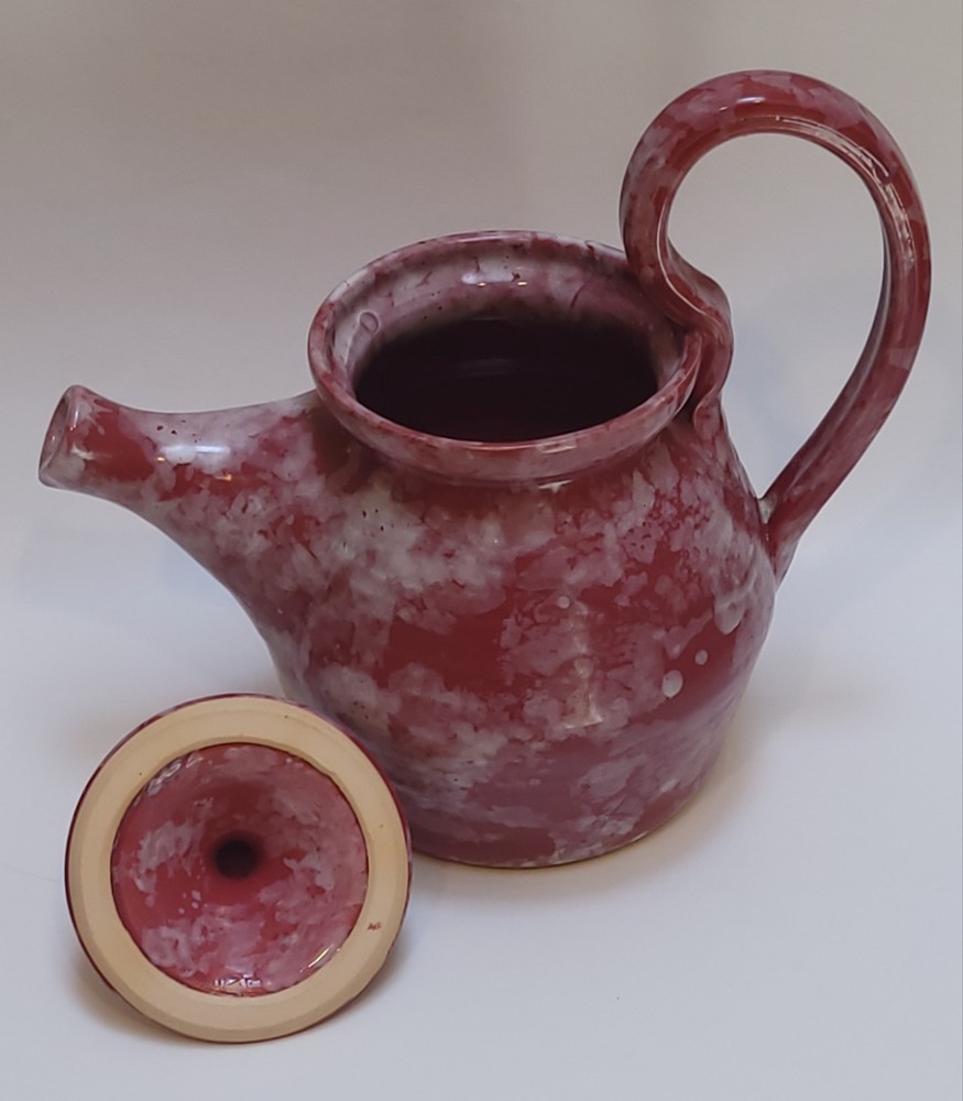 E.J. King Pottery Teapot, Red, White, Signed And Dated, Mottled, Sponge, Heavy