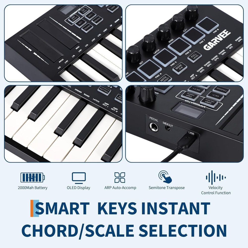 25-Key MIDI Keyboard Controller,USB/DAW Keyboard with 8 Drum Pads,8 Knobs New