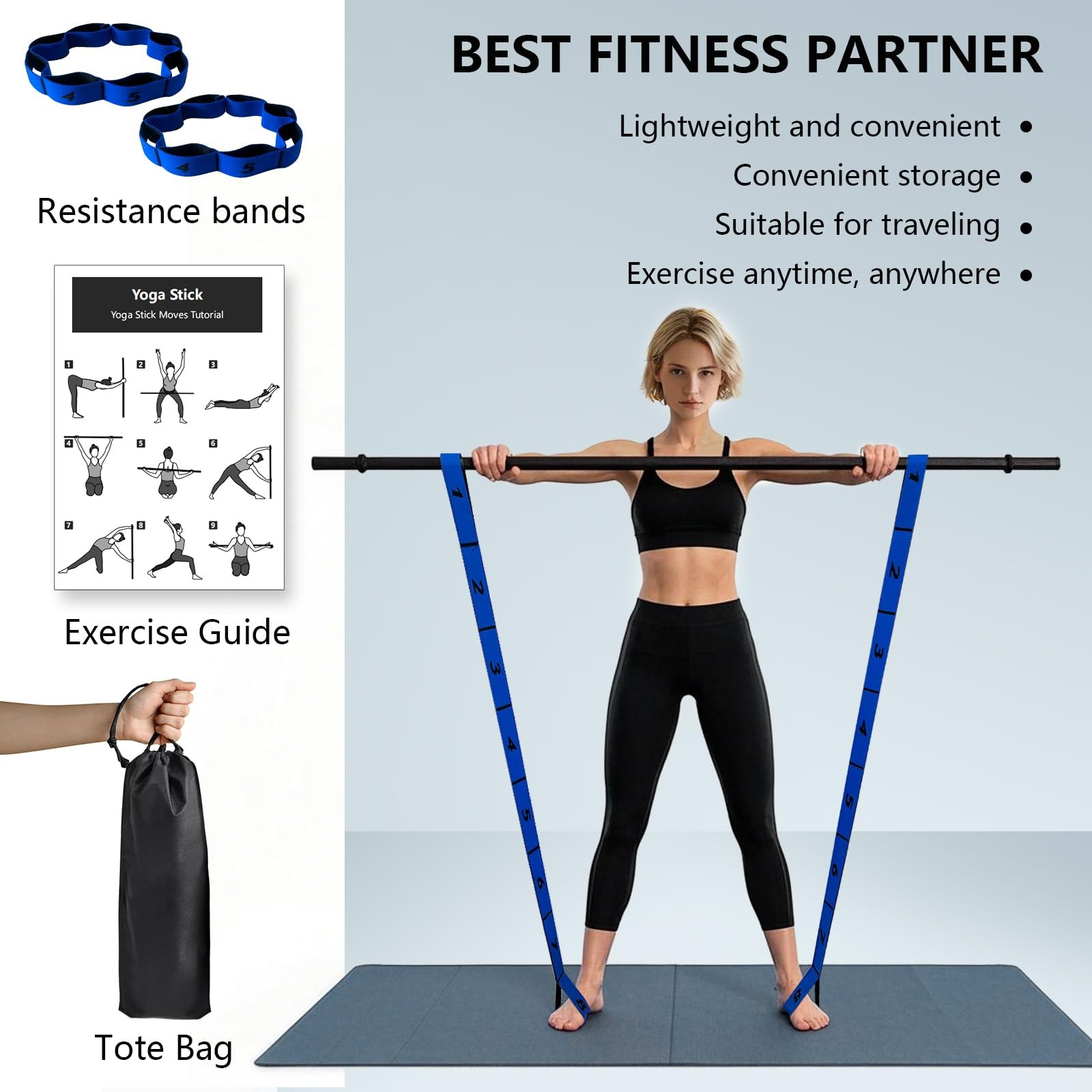 Yoga Stick, mobility stick，5-foot exercise stick, 3-in-1 stretching stick kit...