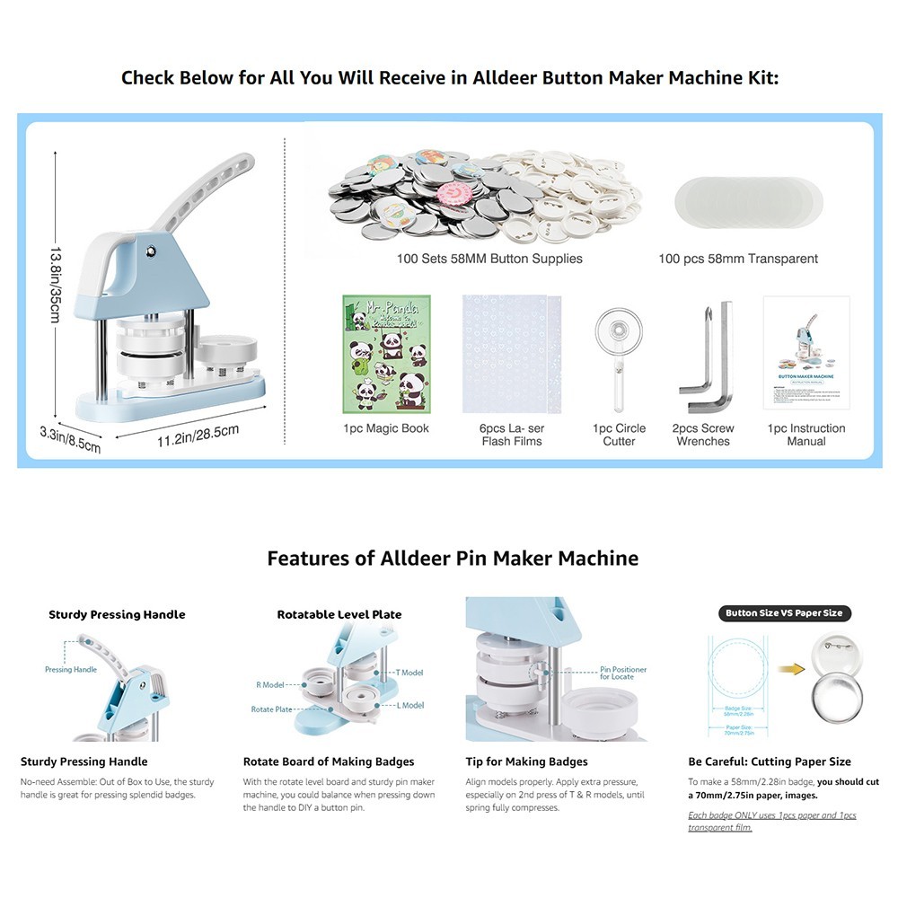 2.28in/58mm Pin Button Maker Machine Badges Press Machine Kit W/100sets Refills