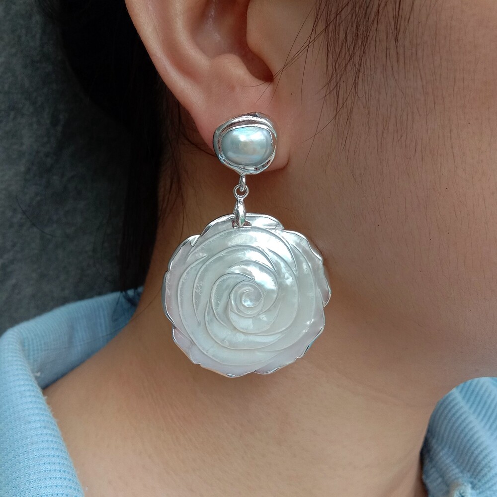 2.4'' White Pearl Shell Mop Carved Flower Dangle Stud Earrings