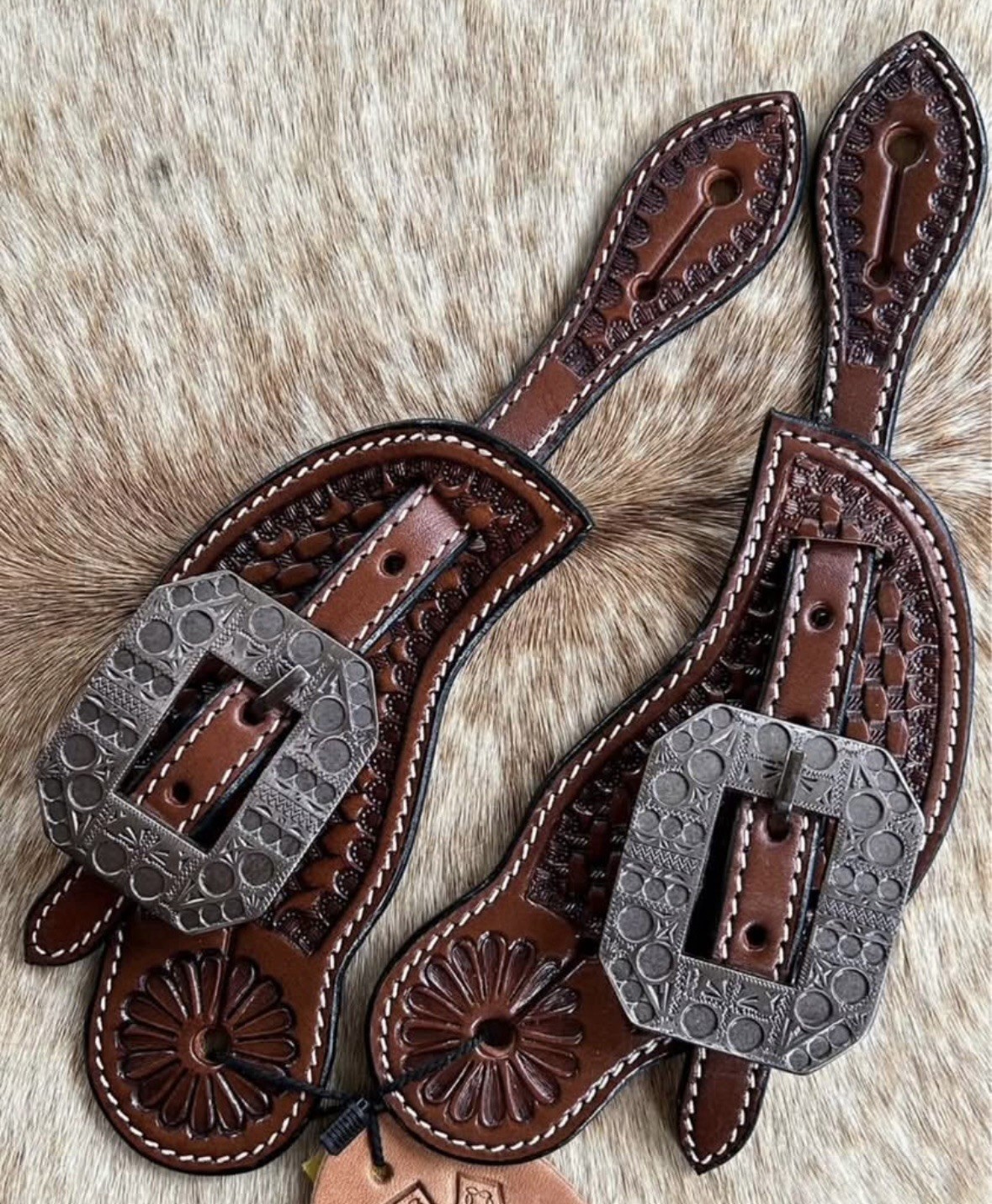 Ladies Tooled Top Grain Leather Western Pair Spur Straps