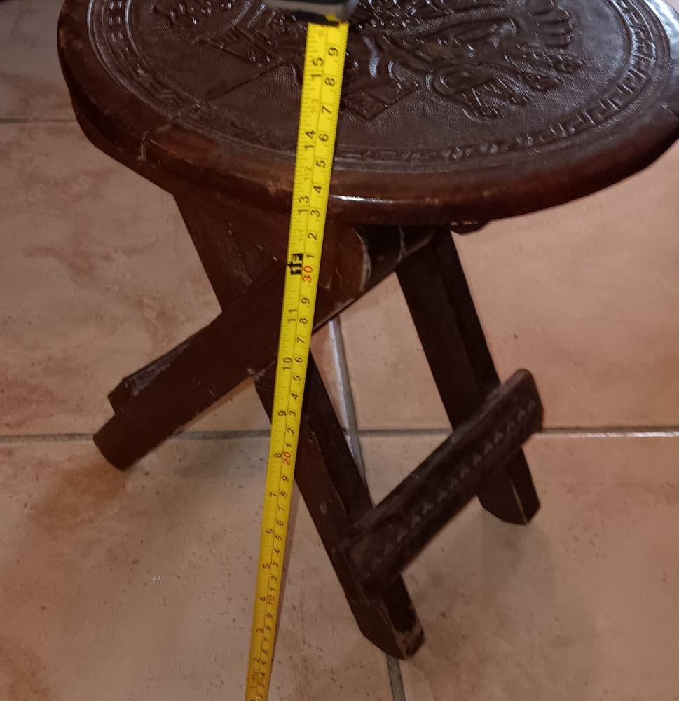 Vintage Peruvian Folding Stool Hand Tooled Leather