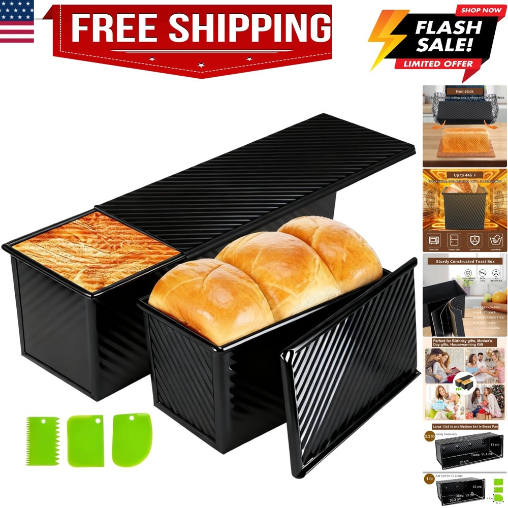Black Pullman Loaf Pan with Lid, 13 Inch Pullman Bread Pan with Cover, 2.2LB ...