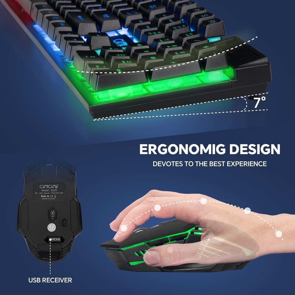 CHONCHOW USB Wireless Gaming Keyboard and Mouse Combo, LED Backlit Ergonomic ...