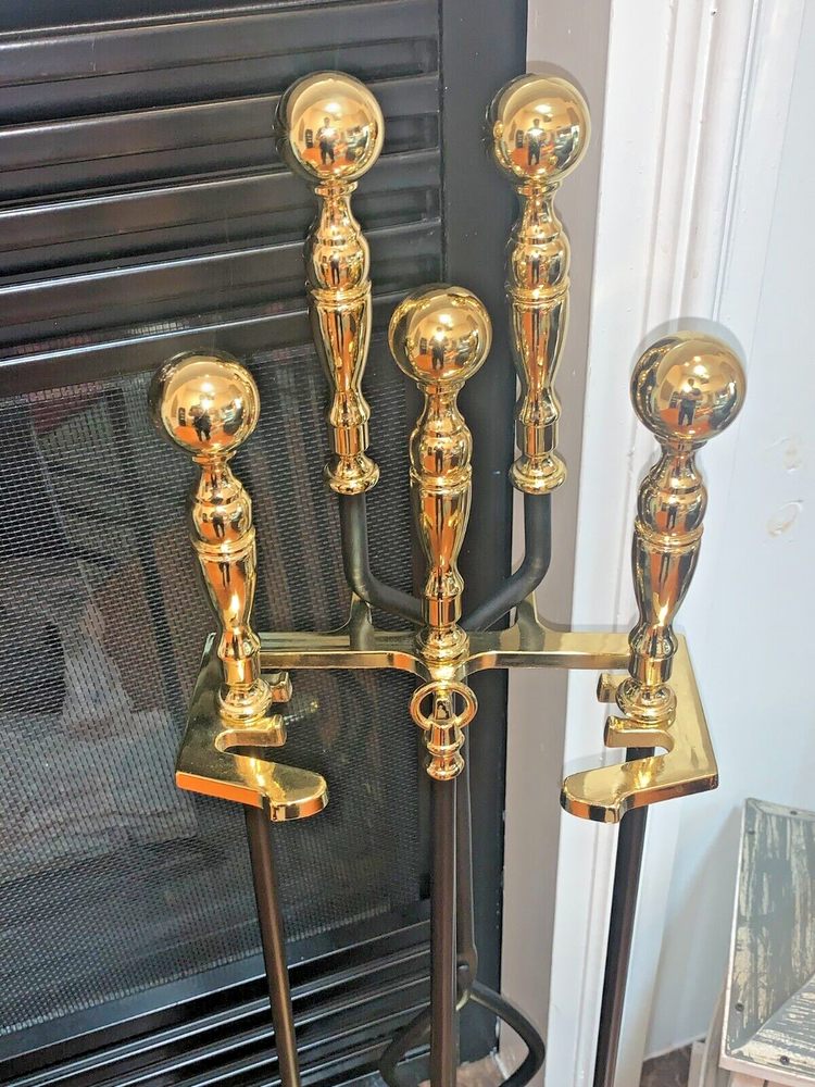 Gold & Black cast iron fireplace tool set with stand