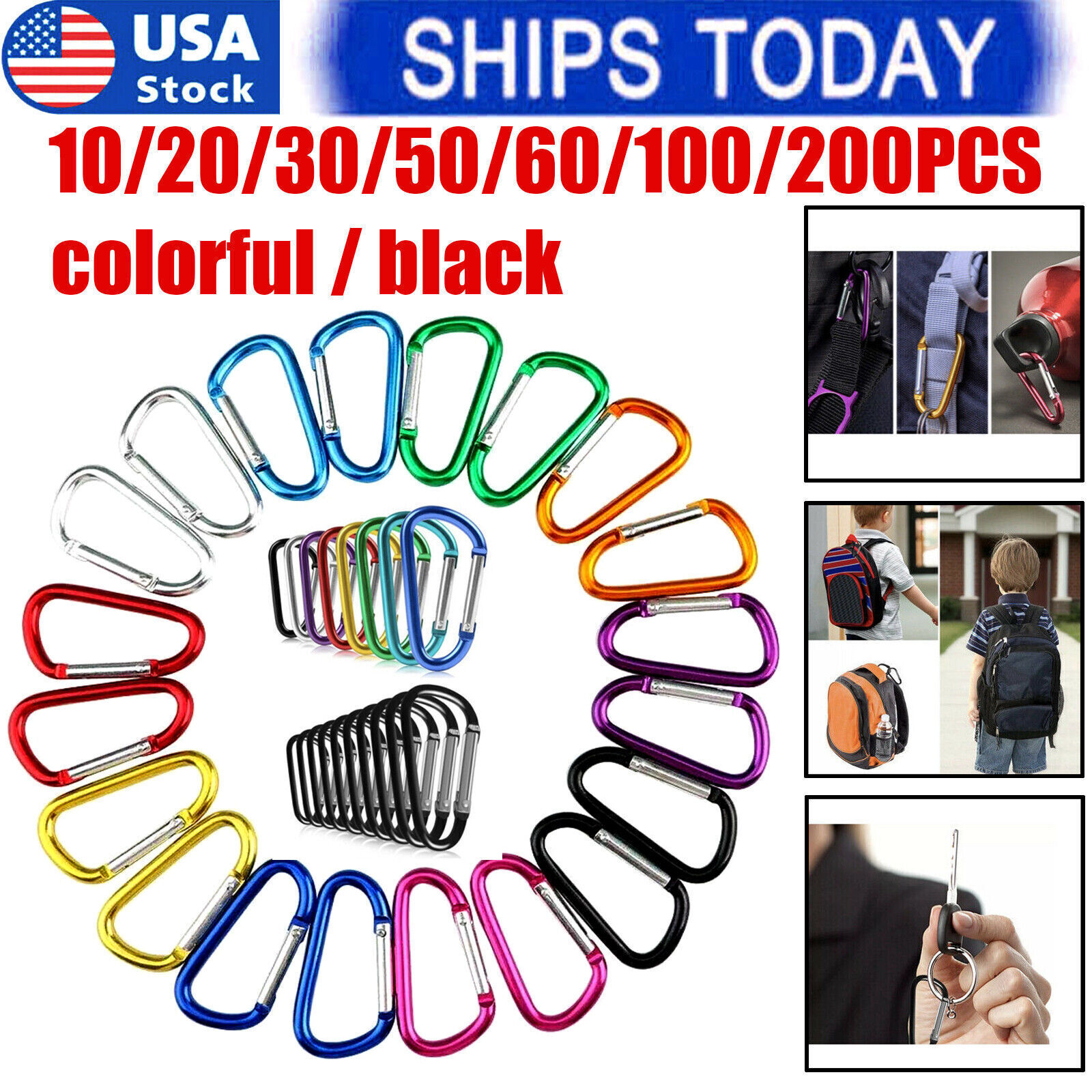 10/200 PCS Aluminum Carabiner D Shape Spring Clip Snap Key Hook Keychain Buckle