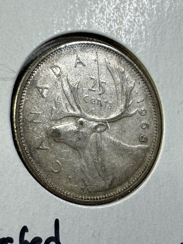 1968 Canada 25 Cents Silver Coin Scratched