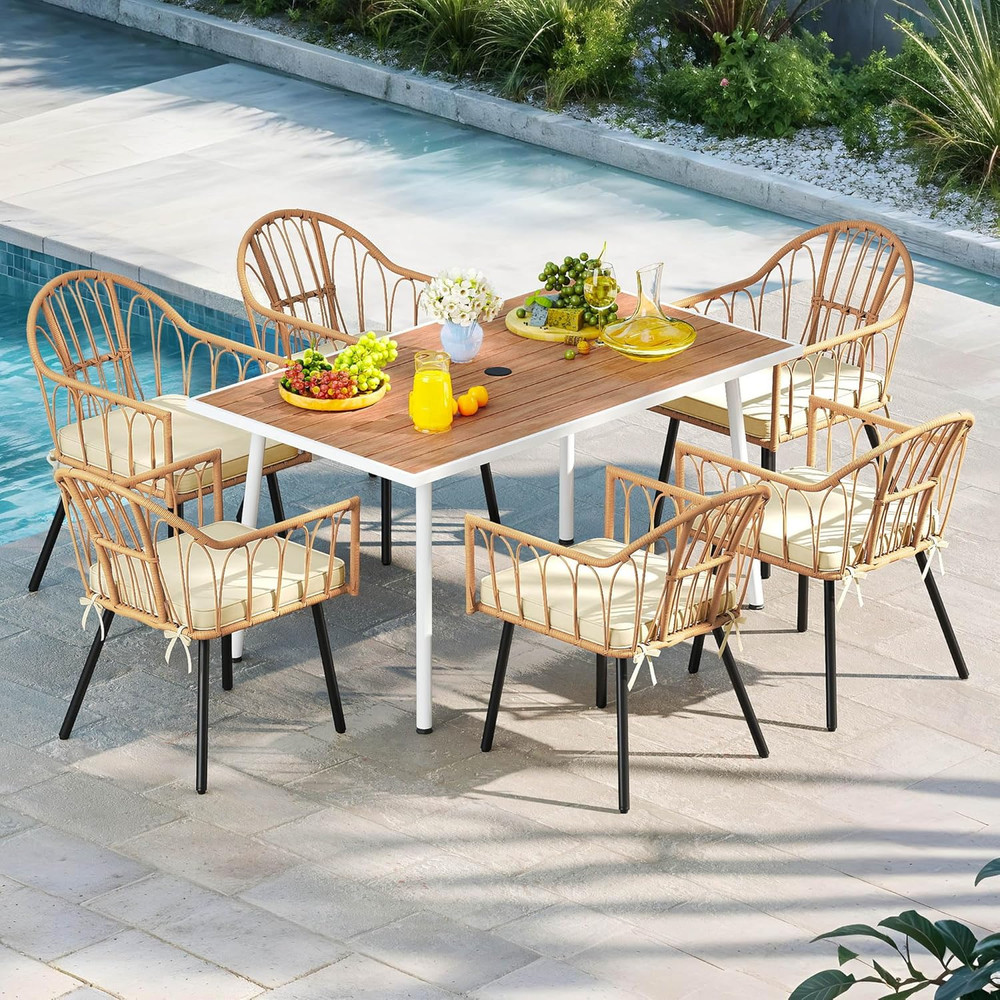 Patio Table Rectangle 59" for 6 Outdoor Table with Umbrella Hole & Adjustable Fe