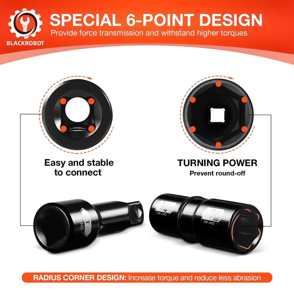 BLACKROBOT 1/2 Inch Drive Impact Socket Set, Double Sided Lug One Size, Black