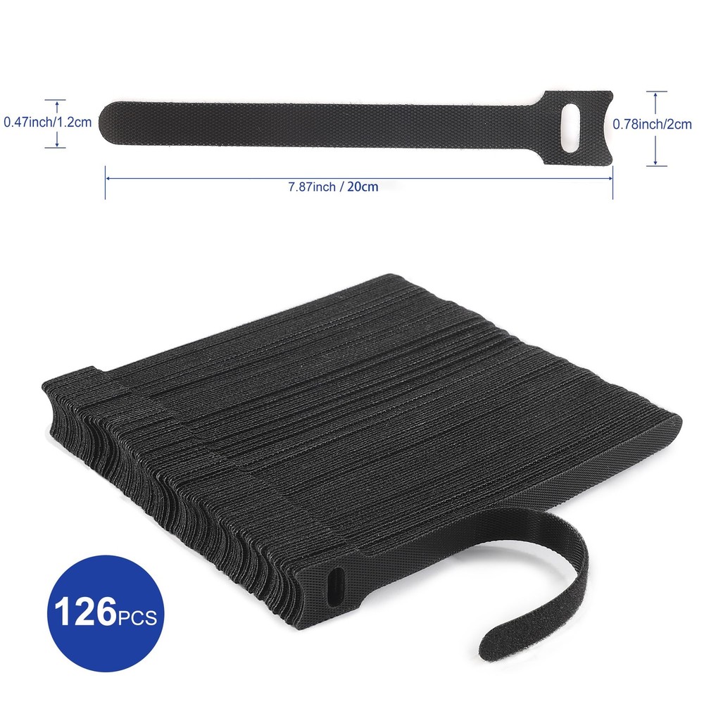 Reusable Cable Ties 126-Pack 8in Adjustable Hook Loop Cable Management