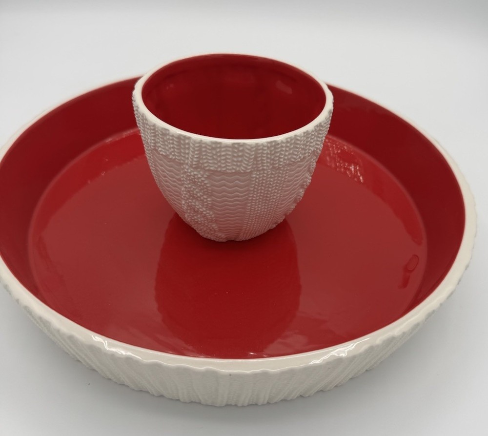 12” Hallmark serving tray w-attached sweater bowl in Center for dip/ Red & White