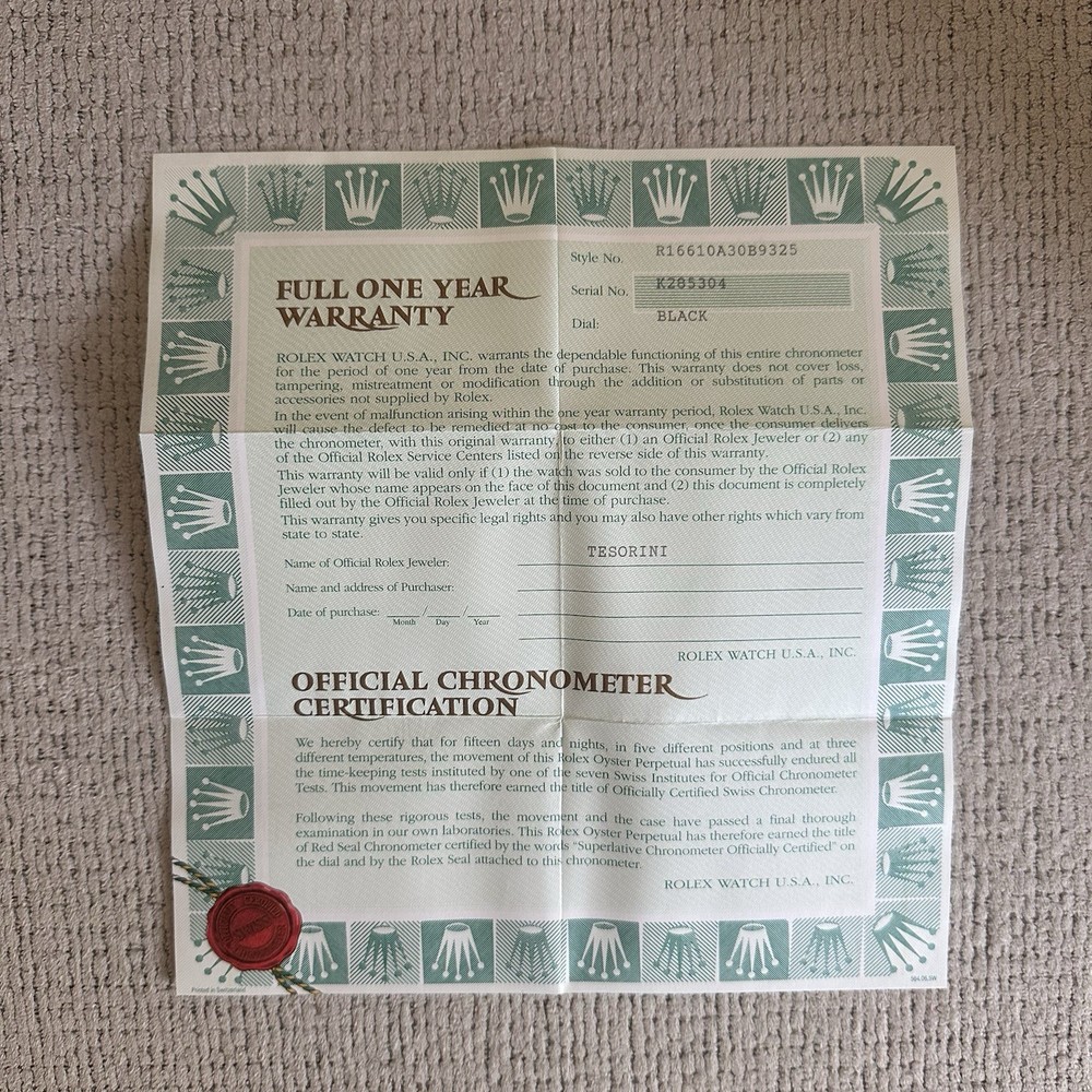 Authentic Rolex Submariner 16610 Card Paper