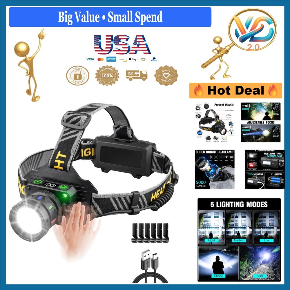 Super Bright Rechargeable Headlamp 5000 Lumens Waterproof with Motion Sensor