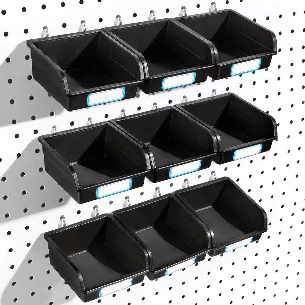 Space-Saving 10-Pack Black Pegboard Bins with Hooks & Labels - Organize Tools