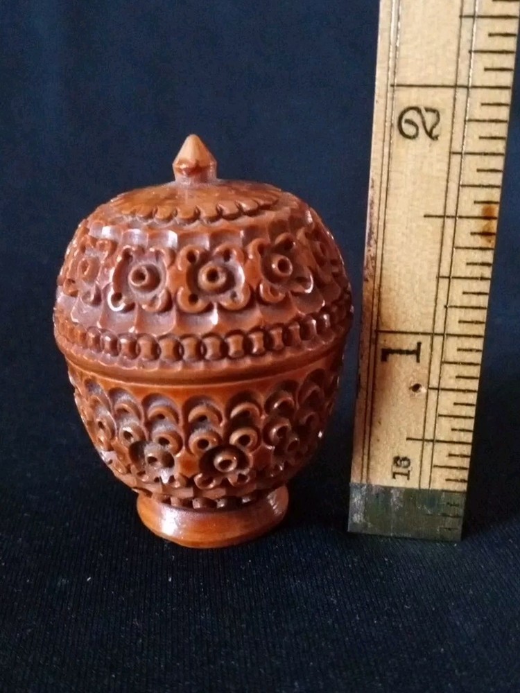 Victorian Hand Carved Coquilla Nut Egg Sewing Thimble Holder Case + Thimble