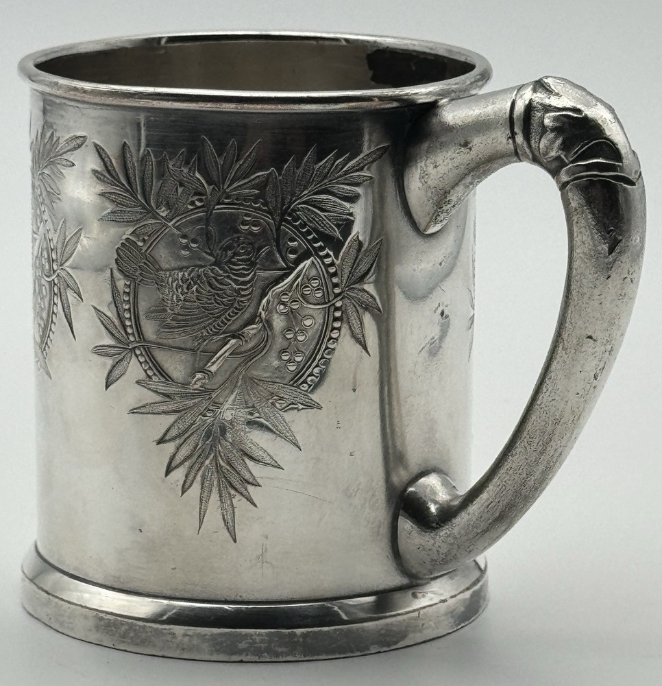 Vintage Mini Silverplate Mug Bird Bamboo Etched 3” Small Cup Keepsake Decor