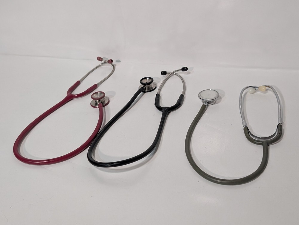 (3) ADC Adscope and unbranded Stethoscopes, Assorted Colors Red Black Grey