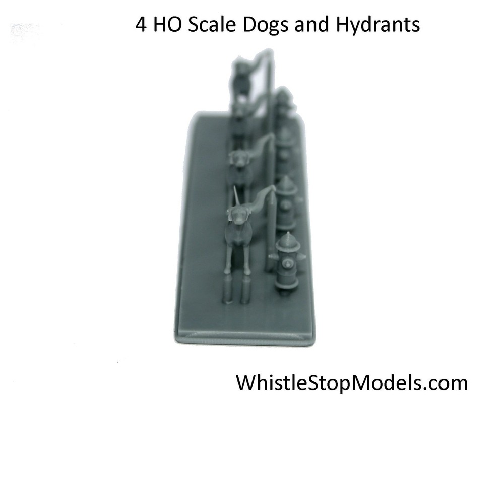 HO Scale 4 Dogs and Firehydrants