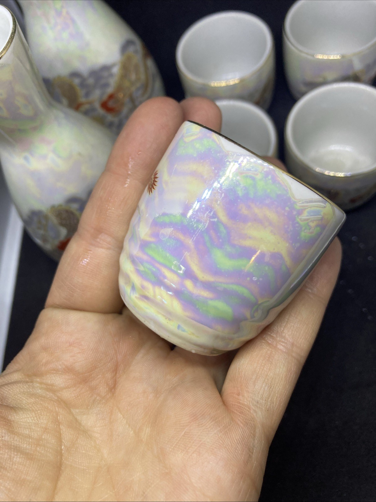 Japanese Fuji Ceramic Sake Set White Golden Drago Gold Trim 7 Piece Set