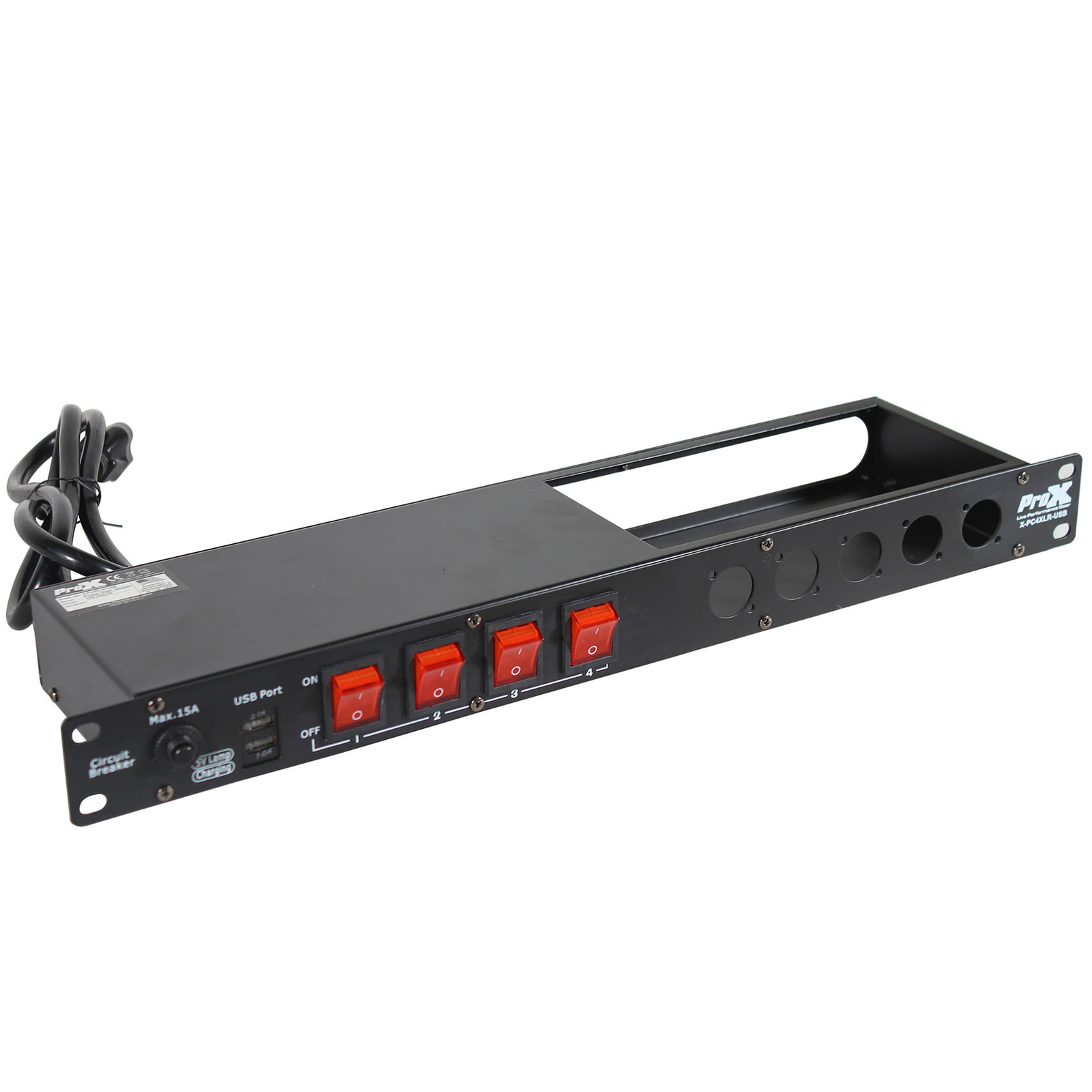 ProX X-PC4XLR-USB 1U 15Amp Circuit 4CH Switch Panel W-2 USB and 5 Punched Space