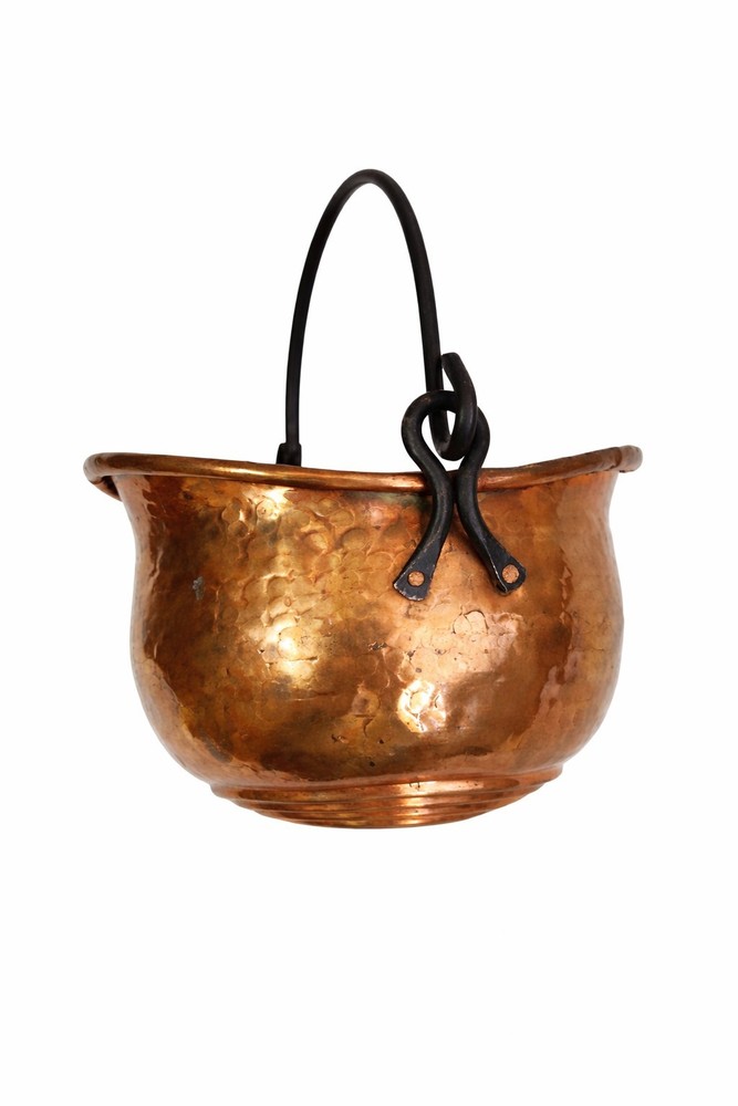 Hammered Copper Pot Hanging Cauldron Rustic Primitive Decor Black Iron Handle
