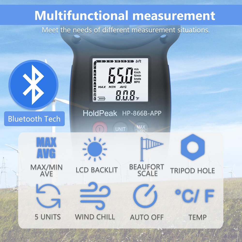 HoldPeak Handheld Anemometer Bluetooth with Tripod, Digital Wind Speed Gauge ...