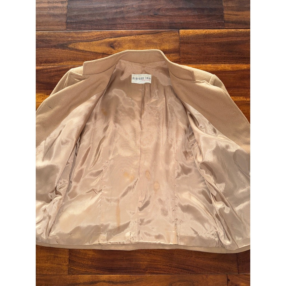 BEDFORD FAIR Beige Button Front Collarless Wool Blazer Jacket Womens