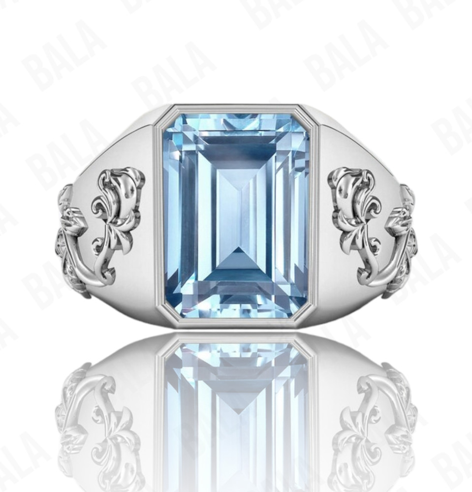 Handmade 925 Sterling Silver Blue Topaz Ring, Rectangular Emerald Cut Aqua Blue