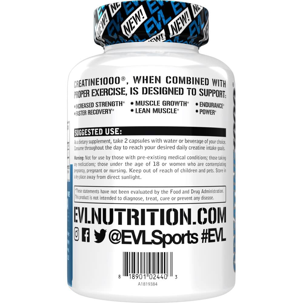 Evlution Pure Creatine Monohydrate Capsules 1000mg Pre and Post Workout