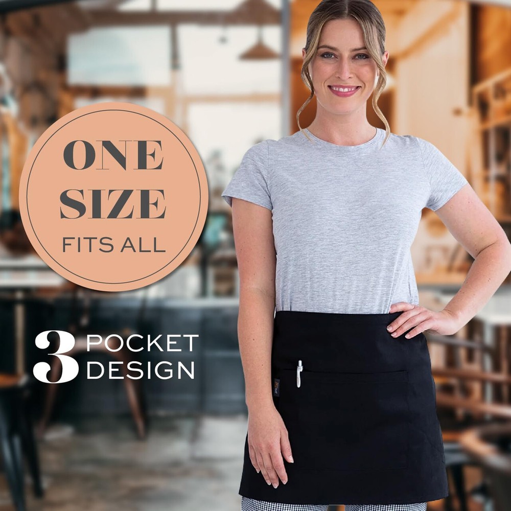 12 Pack - Black Server Waist Aprons, Waitress Half Apron