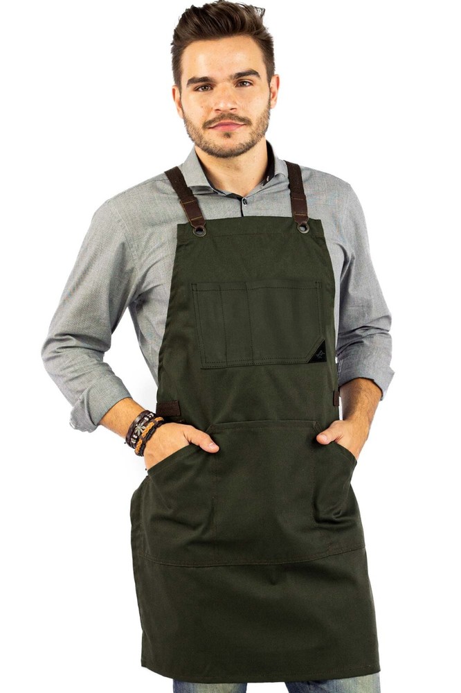 Work Apron - Pro Denim or Twill, Leather Trim, CrossBack - Chef, Bartender