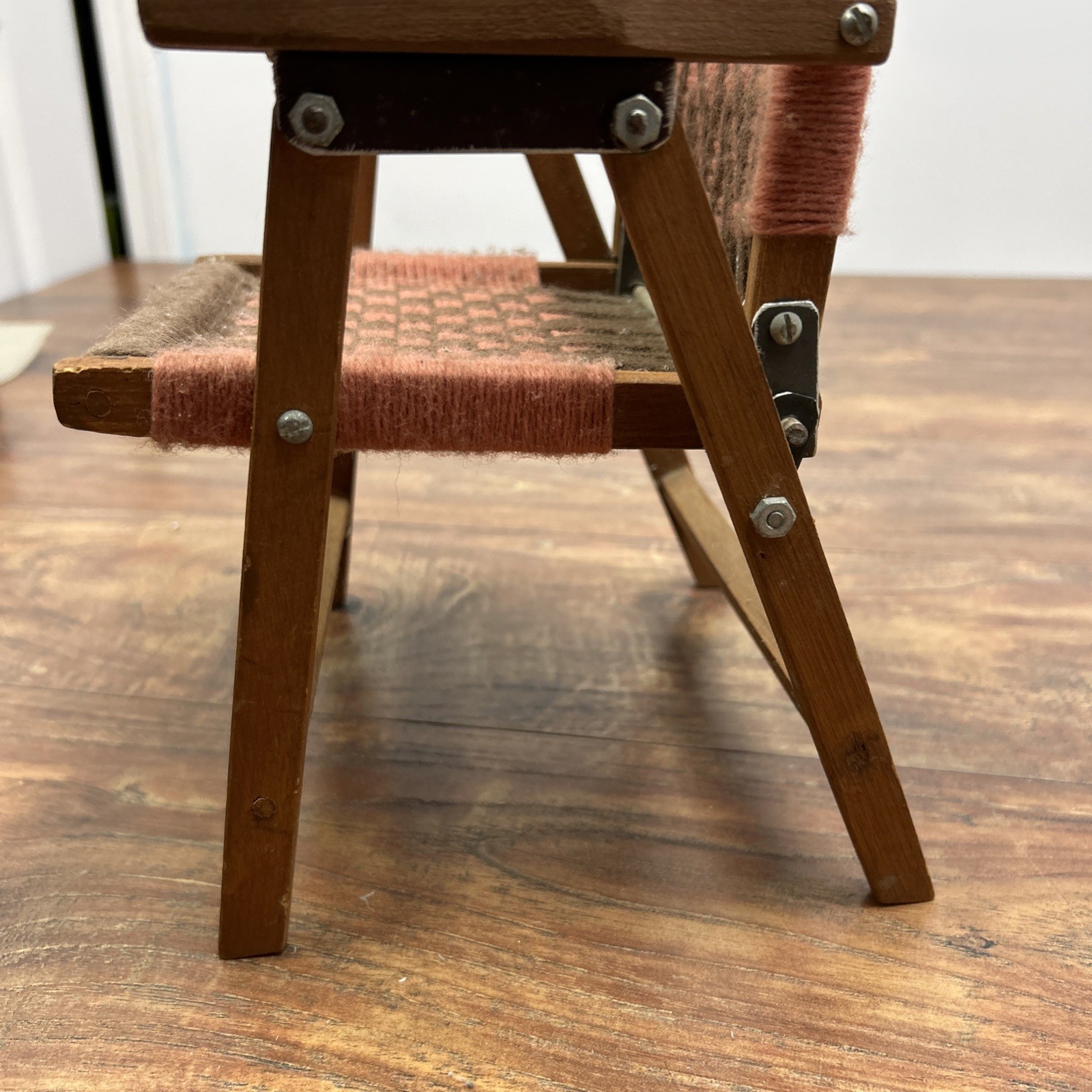 Macrame Wooden Folding Baby Doll Chair Vintage Handwoven Brown Pink ** DOLL SIZE