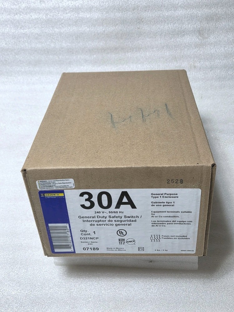 Square D D321NCP Safety Switch Box Three-Pole, Type 1, Enclosure 30 Amp, 240V AC