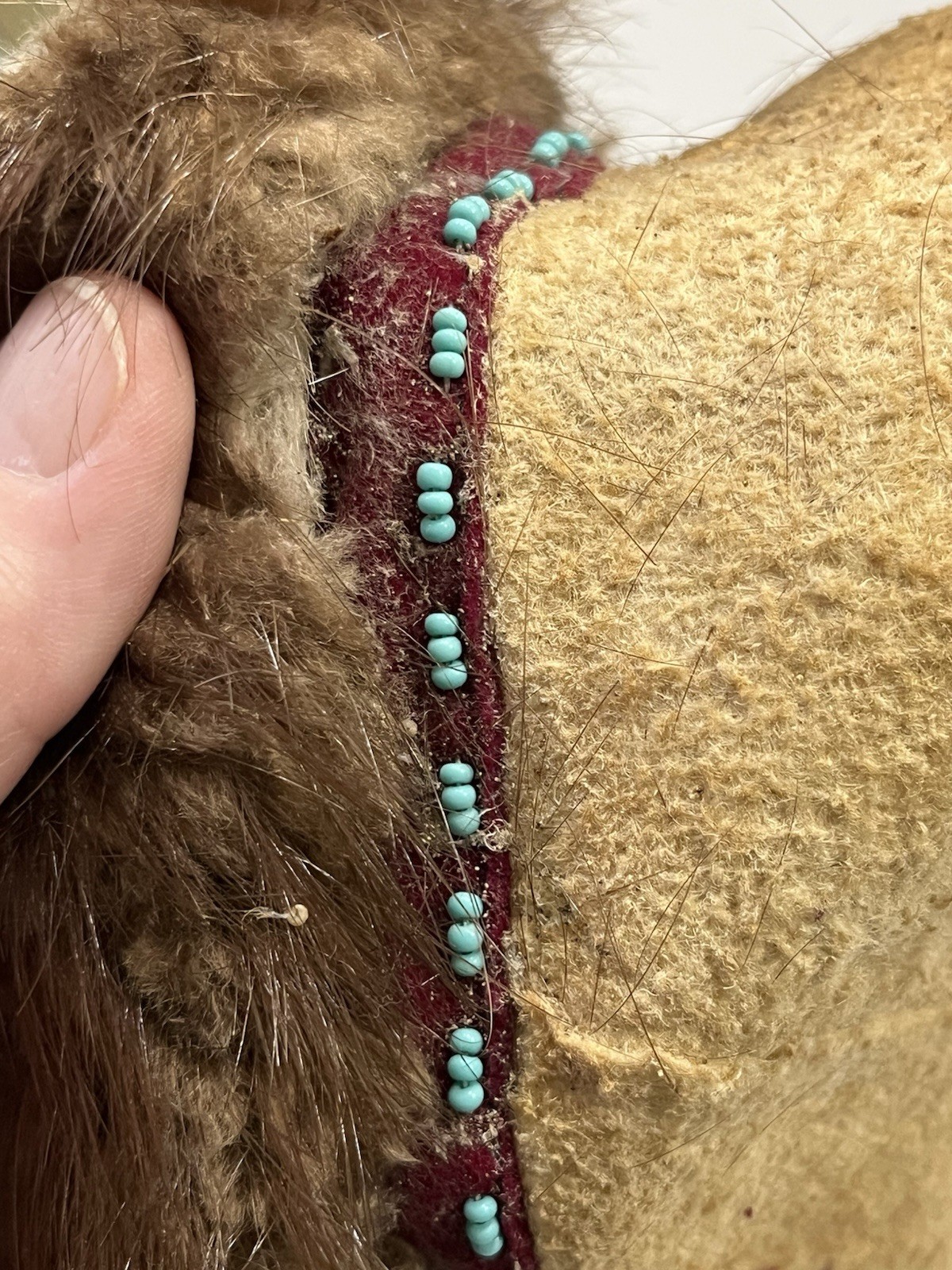 Single Vintage Beaded Indian Moccasin On Hide -Rabbit Fur With Floral Beading