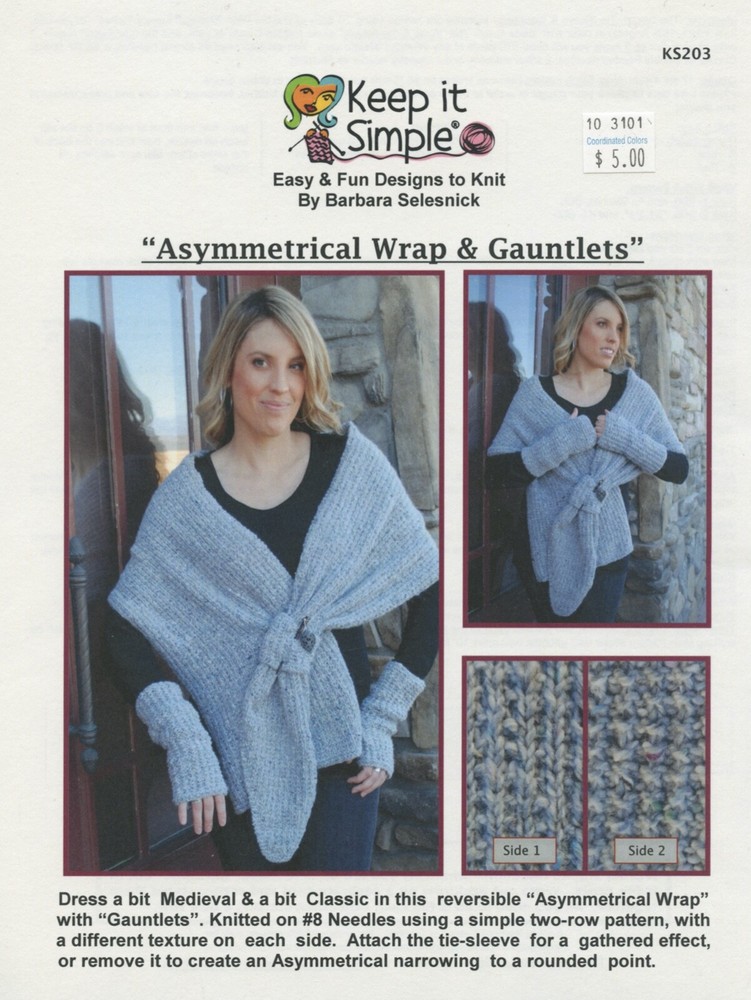 Keep It Simple Knitting Pattern KS203 Asymmetrical Wrap & Gauntlets