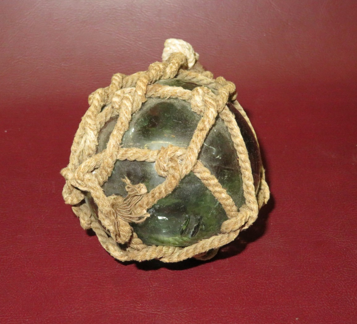 Antique 3" Japanese Rope-Wrapped Blue Hand-Blown Glass II Mark Fishing Net Float