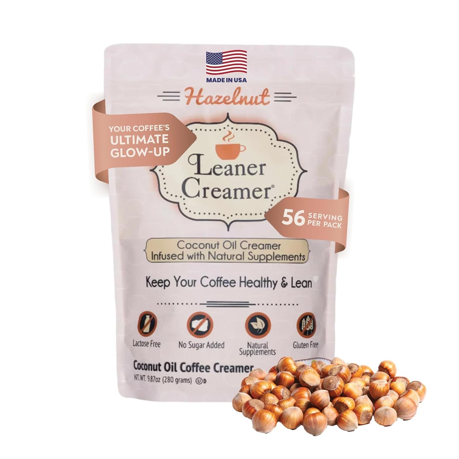 Leaner Creamer, Coconut Oil Coffee Creamer, Hazelnut Flavored , 9.87 oz (280 g)