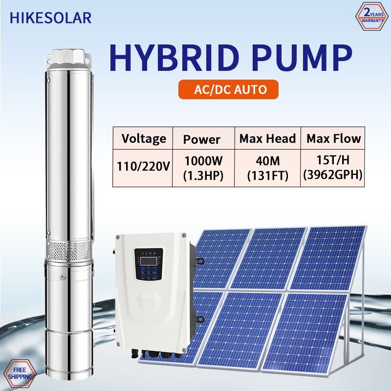 Hybrid Solar Water Pump 4" AC/DC Brushless 1.3HP Plastic Impeller Max Flow 15T/H