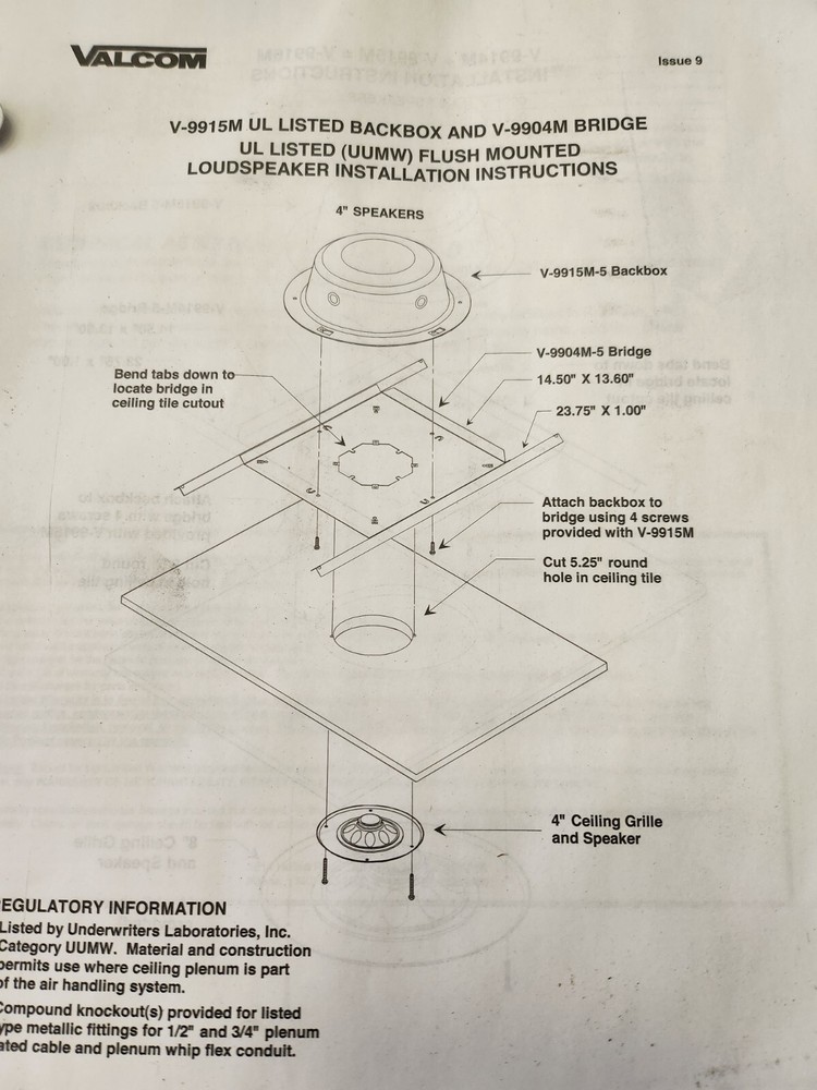 Valcom Ceiling 8 inch flush mount one way speaker with bridge for ceiling tile