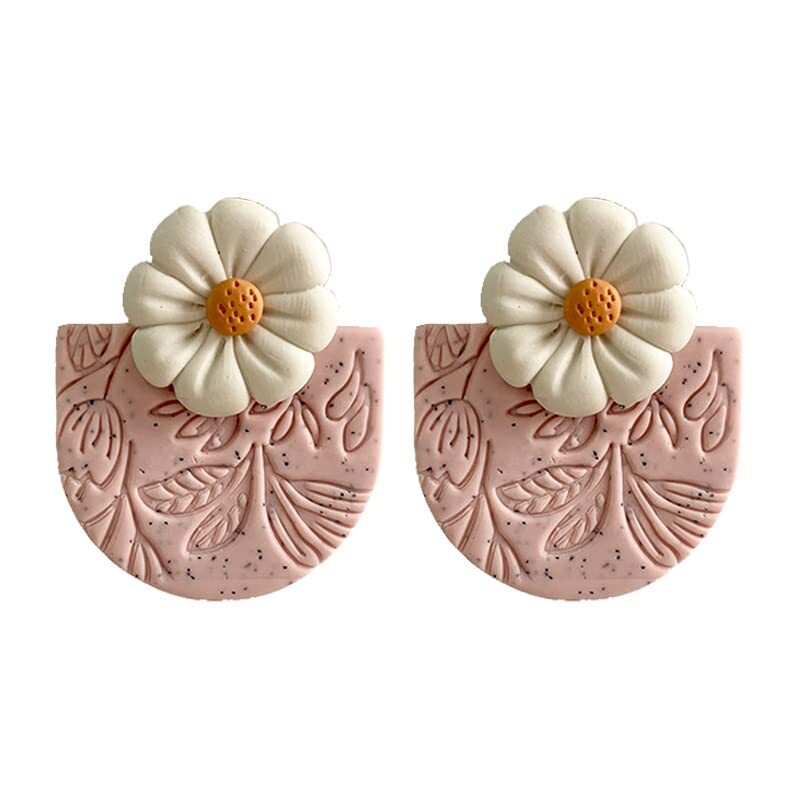 Handmade Polymer Clay Dangle Earrings Minimalist Colorful Leaf Pattern Round J