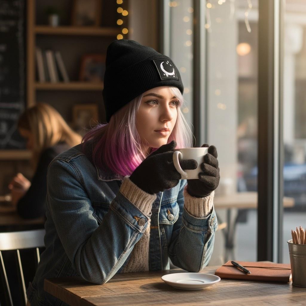 Crescent Moon Beanie Hat Womens One Size Black Satin Lined Knit Warm Winter