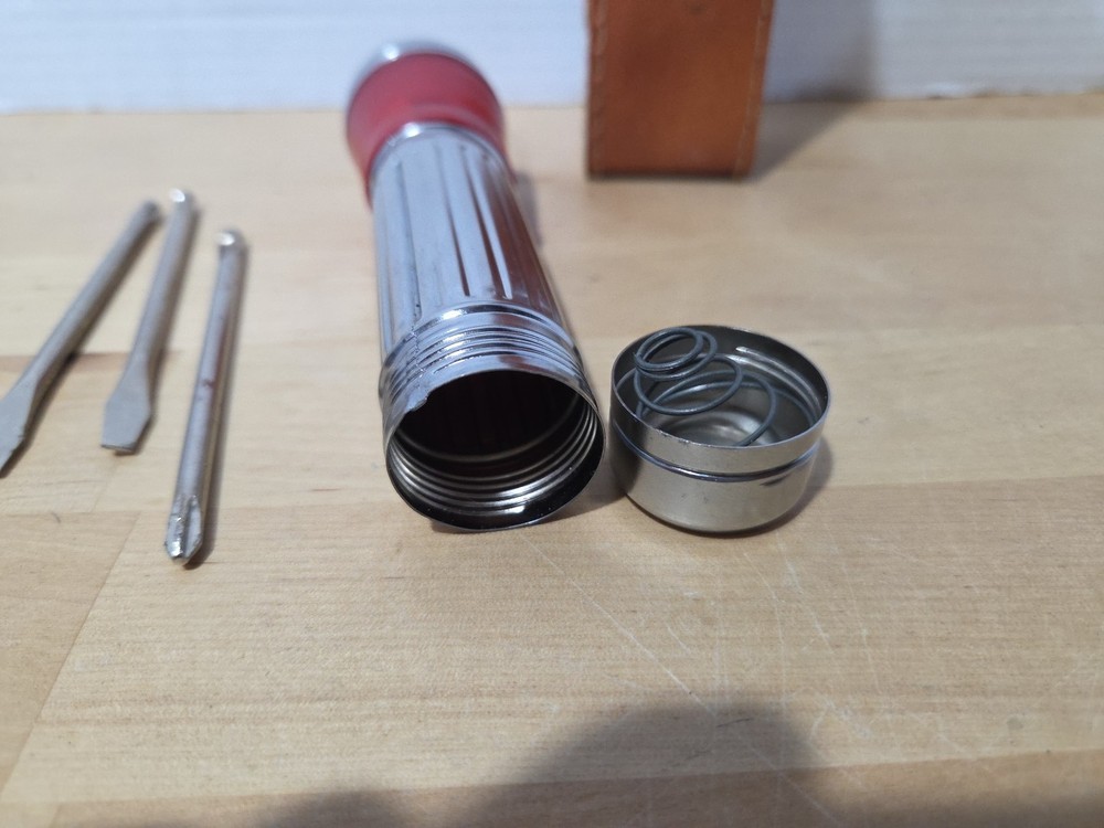 Vintage W.T. Flashlight Screwdriver Kit Leather Case Chrome Works