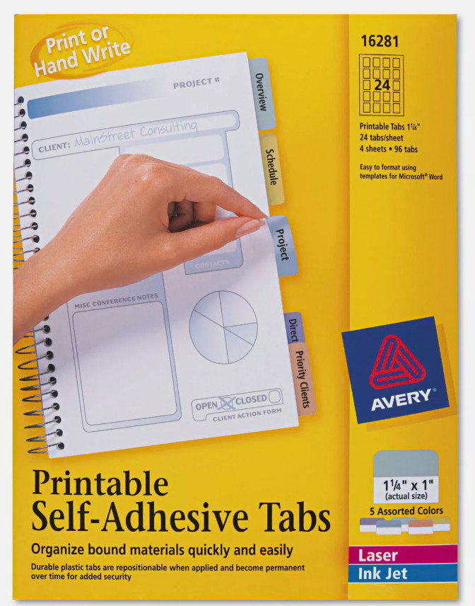 Avery Printable Plastic Tabs w/ Repositionable Adhesive 1 1/4 Assorted 96/PackU5