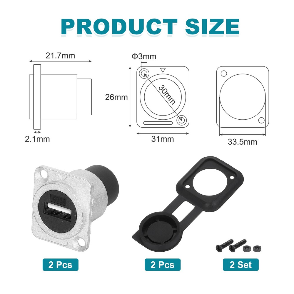 2Pcs USB 2.0 Panel Mount Coupler, D-Type USB Pass Through 480Mbps Silver