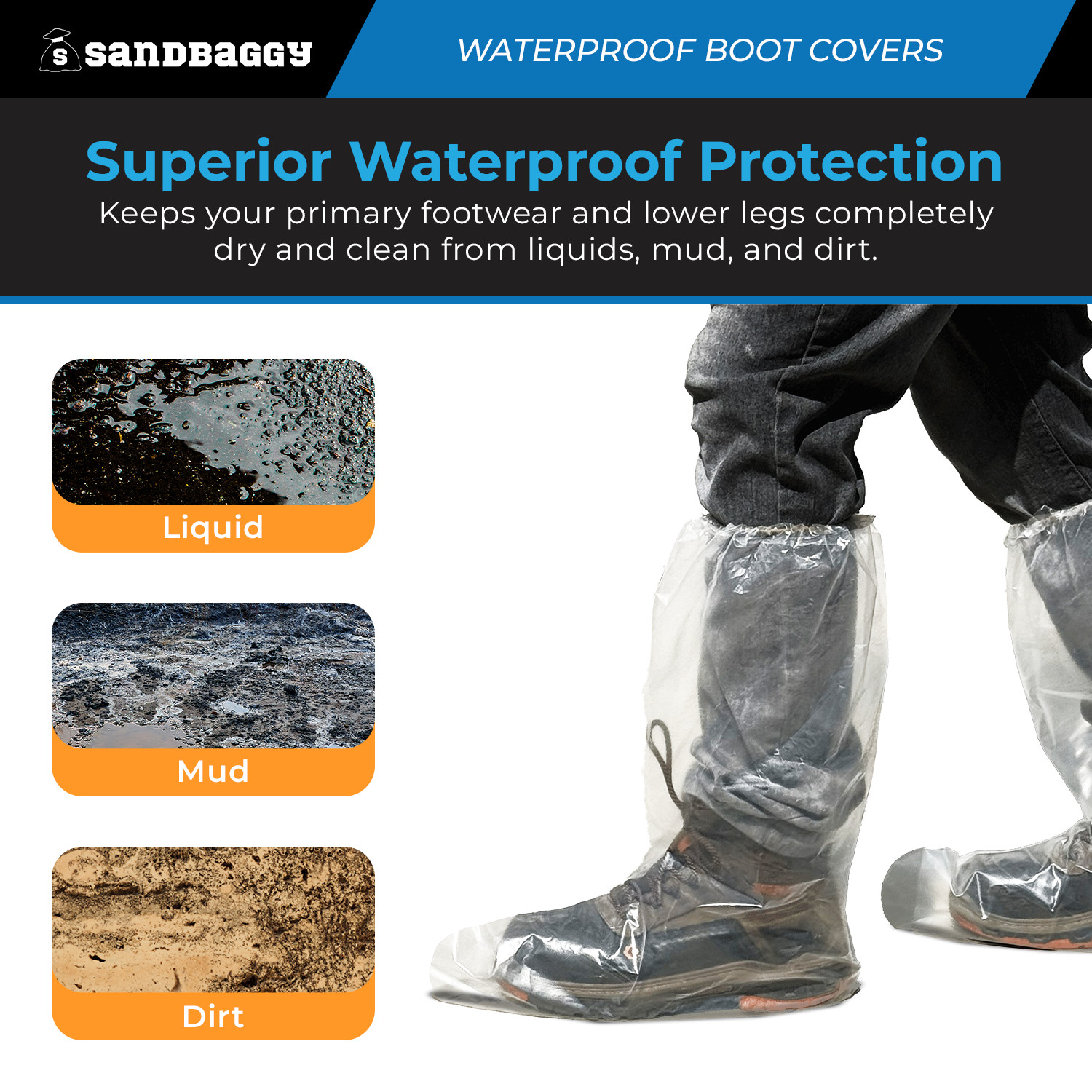 Sandbaggy Waterproof Boot/Shoe Covers - 19" Tall, 3 Mil Disposable (Clear)